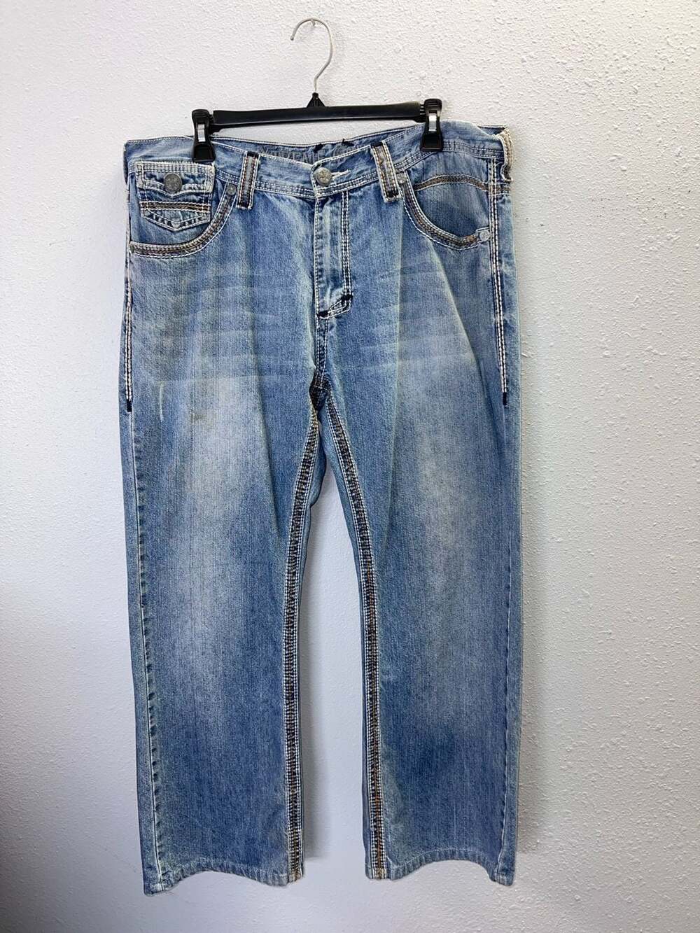 Xtreme Couture Affliction Mens Blue Flap Pocket Jeans Thick Stitch 36x27 0509